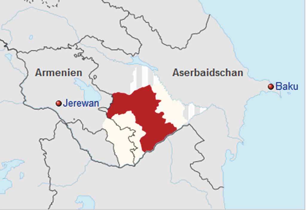 Lage Bergkarabachs in der größeren Region Karabach, die sich über Armenien und Aserbaidschan erstreckt. Bergkarabach ist eine bis zu deren Flucht im September 2023 mehrheitlich von Armeniern bewohnte Region im Südosten des Kleinen Kaukasus. © wikimedia Commons